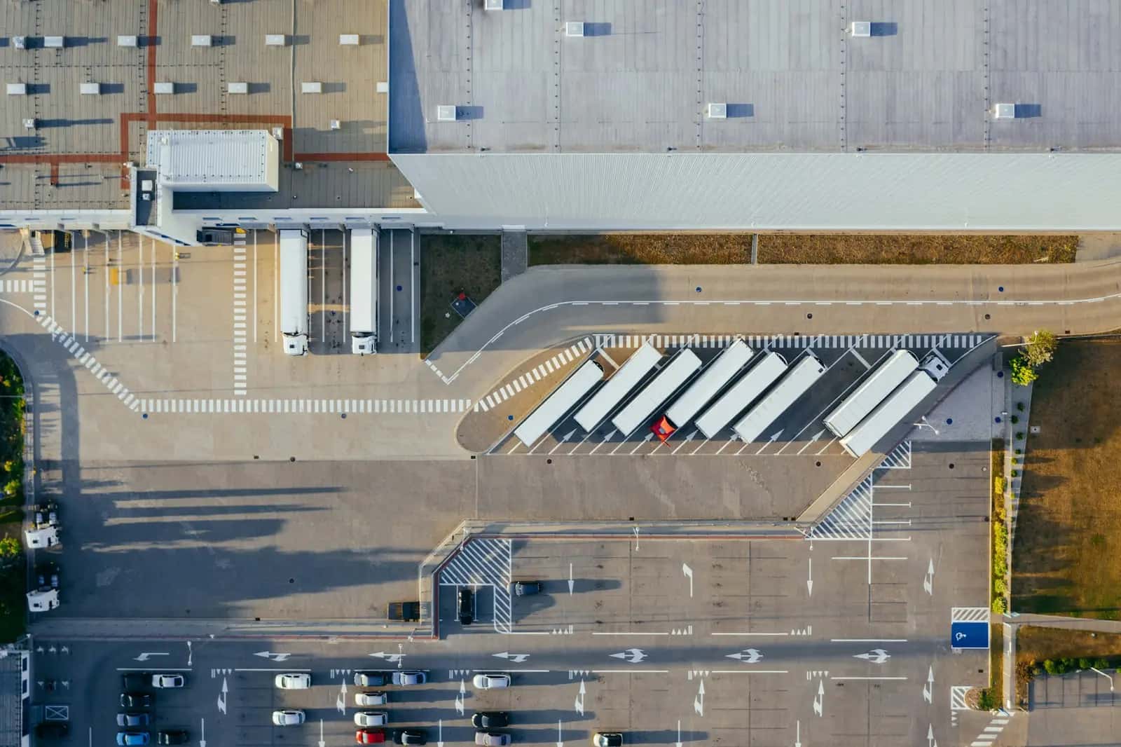 Aerial view of trucks at a warehouse